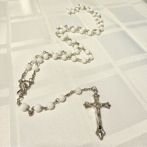 White Round Pressed Glass Rosary